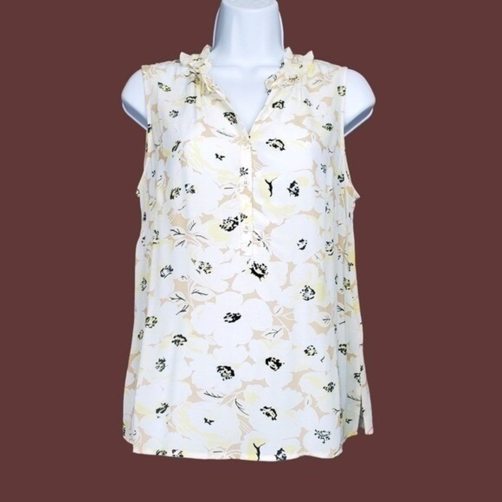 Talbots Womens Sleeveless Tan Yellow Floral Print Ruffle Neck Blouse Size MP NWT